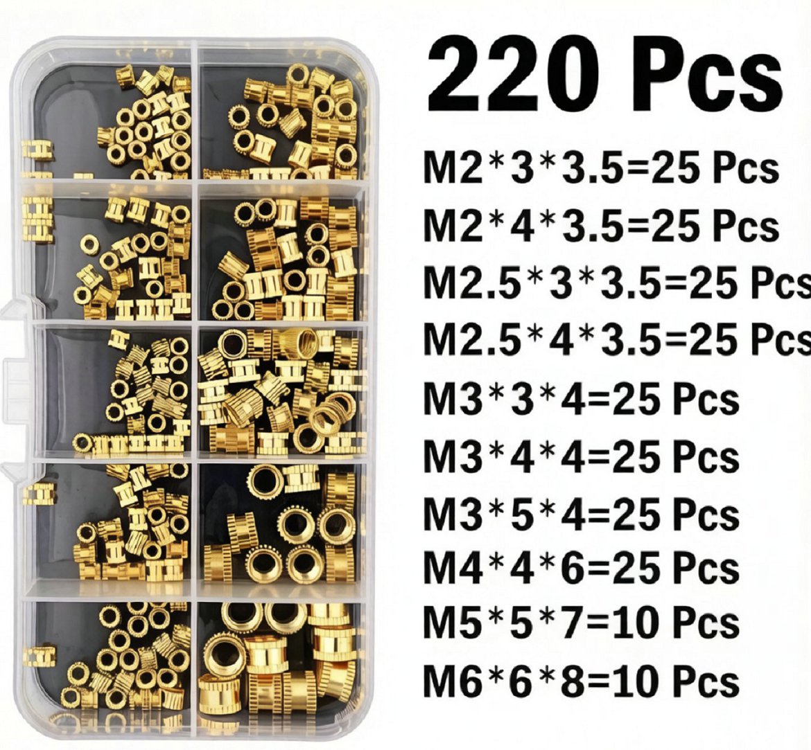 Juego de insertos roscados de latón para plástico M2 a M6, 220 piezas